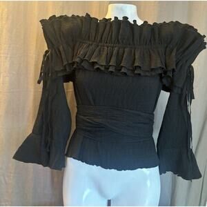 Zoey. W Black Blouse Top Shirt small belted Crinkle off shoulder GOTH FAIRY